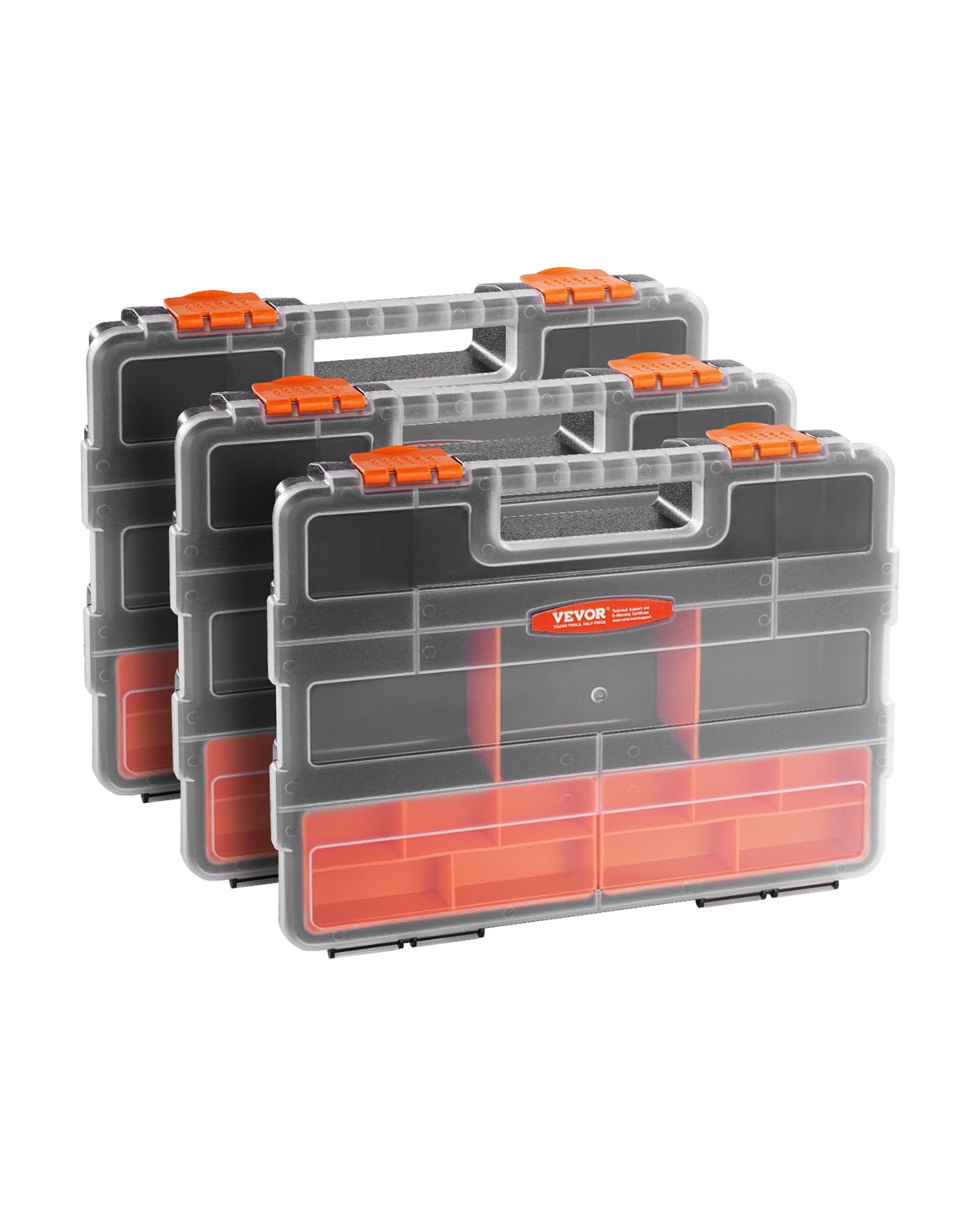 VEVOR 3-Pack Small Parts Organizer, 21 Compartments Tools Organizer Box with Removable Dividers, PP Hardware Storage Box with Safety Latch & Portable Handle for Nuts, Bolts, Screws, Nails