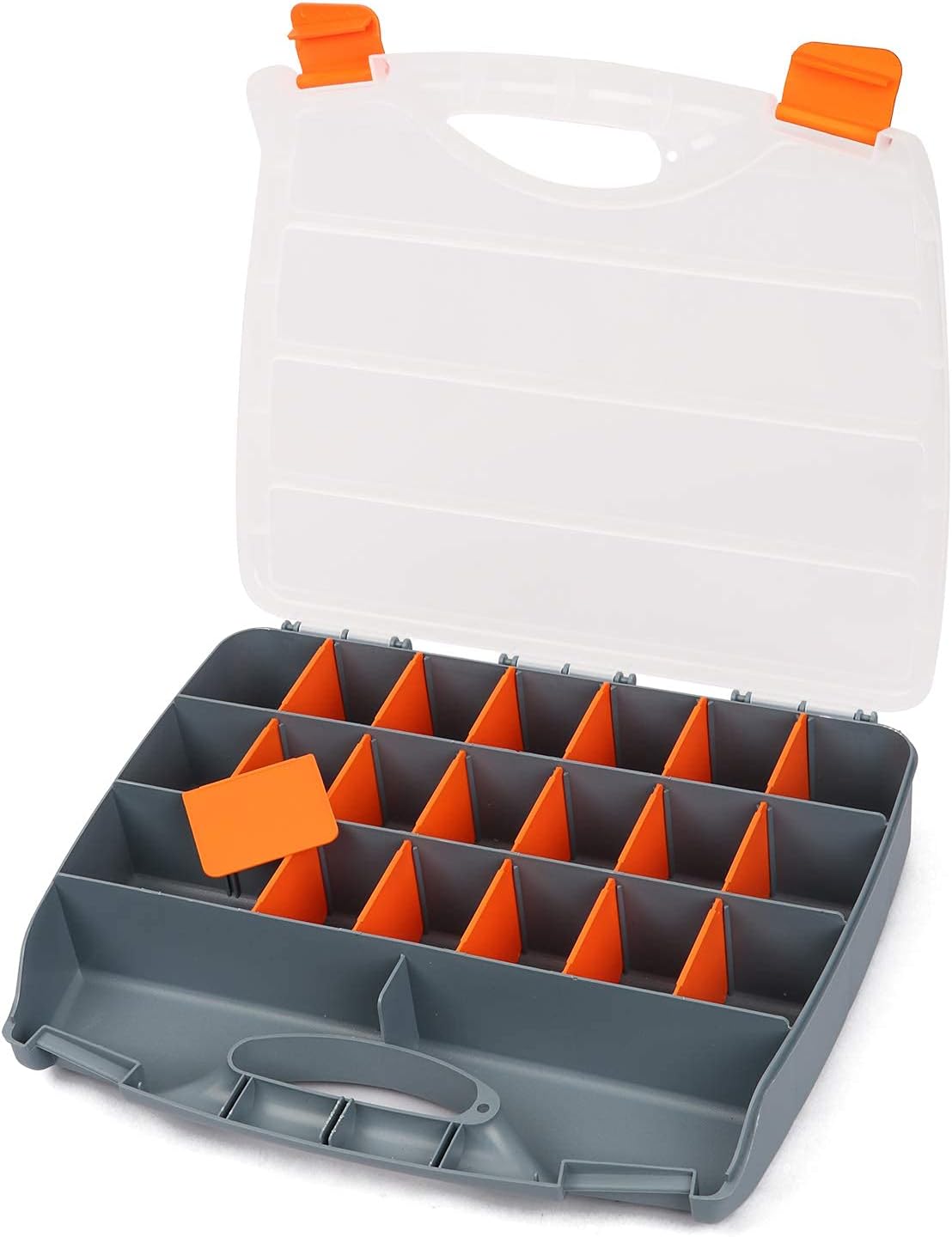 Makitoyo Hardware Storage Box Tools Organizer Container with Handle and Clear Lid, 21 Adjustable Compartments and 2 Fixed Sections,Perfect for Screws,Nuts, Bolts and Small Parts,15"L x 12.9"W x 2.9"H
