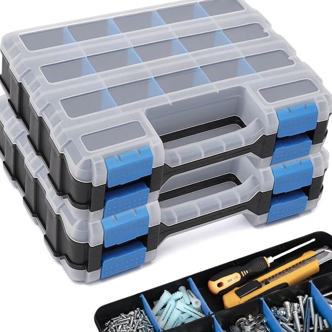 Andalus Tools Organizer Box, Small Parts Storage 34-Compartment Double-Sided Portable Hardware Organizer Removable Plastic Dividers for Screws, Nuts, Bolts, Nails – Orange (2 Pack, 12.5" x 10.5" x 3")