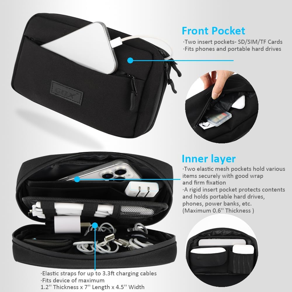 GOX Travel Cable Organizer Bag, Small Tech Pouch for Electronics, Black
