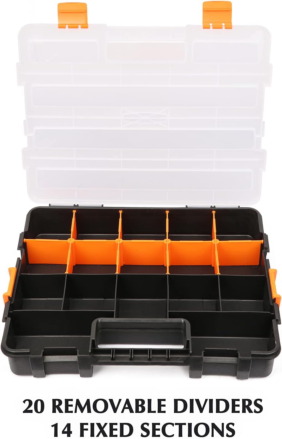 EMENTOL 2PCS Toolbox Organizer Sets, 20 Removable Dividers, Durable Plastic Box, Excellent for Screws, Nuts, Small Parts, 34-Compartment, Black/Orange, 2 Pieces Set