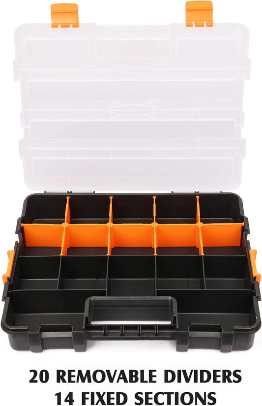 MIXPOWER 15-inch 2pcs Toolbox Organizer Sets, 20 Removable Dividers, Durable Plastic Box, Excellent for Screws, Nuts, Small Parts, 34-Compartment Black/Orange 2 Pieces Set
