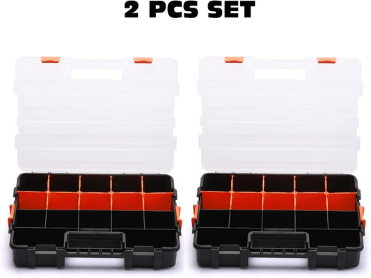 Tool Box Organizer Interlocking Black Small Parts Organizer for Fasteners and Crafts w/Removable Dividers (2 Piece Pack)