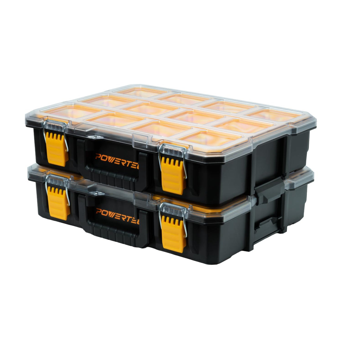 POWERTEC Stackable Tool Box Organizer with Removable Dividers - 17 Compartments, Interlocking, Portable Design, 2-Pack (72118-P2)