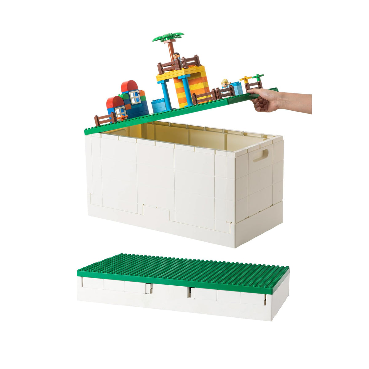 53 Qt. Folding Storage Box with Large Building Lid for Lego Duplo Blocks, 13 Gallon Collapsible Organizer for Lego Bricks (Dark Green)