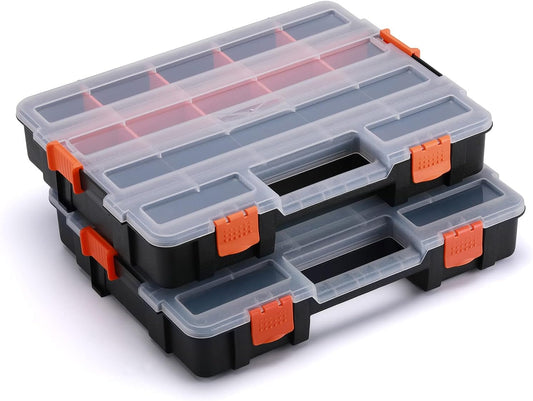Tool Box Organizer Interlocking Black Small Parts Organizer for Fasteners and Crafts w/Removable Dividers (2 Piece Pack)