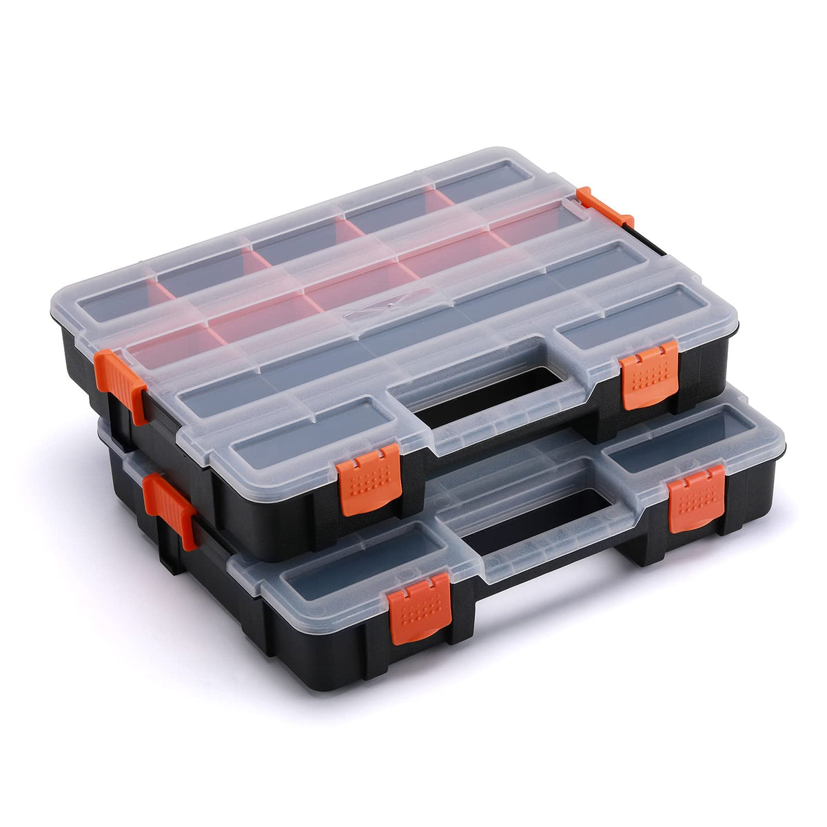Tool Box Organizer Interlocking Black Small Parts Organizer for Fasteners and Crafts w/Removable Dividers (2 Piece Pack)