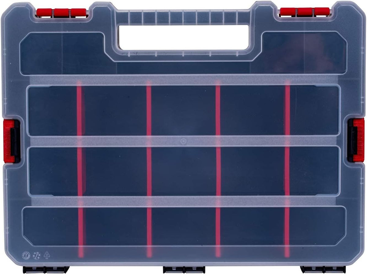 Small Parts Organizer Box – Stackable Hardware Storage Case with 20 Compartments & 12 Dividers – Heavy-Duty Nylon Screw, Drill Bit, Nut & Bolt Organizer for Garage, Toolbox, Workshop