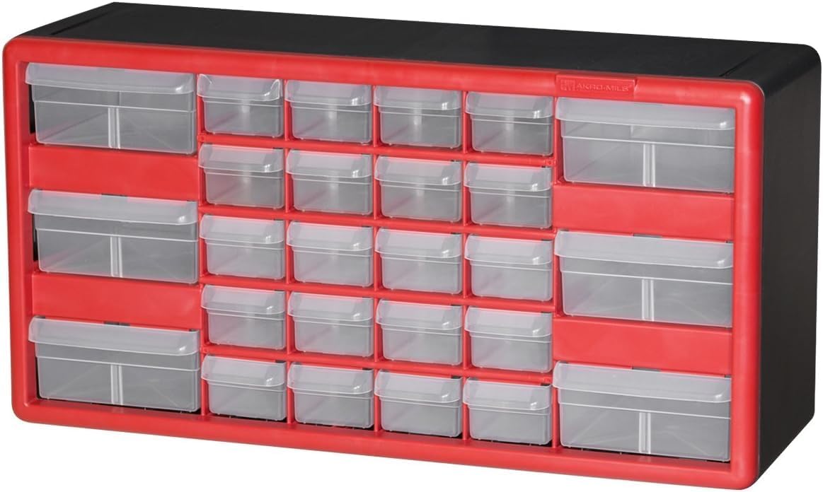 Akro-Mils 10126, 26 Drawer Plastic Parts Storage Hardware and Craft Cabinet, 20-Inch W x 6-Inch D x 10-Inch H, Red