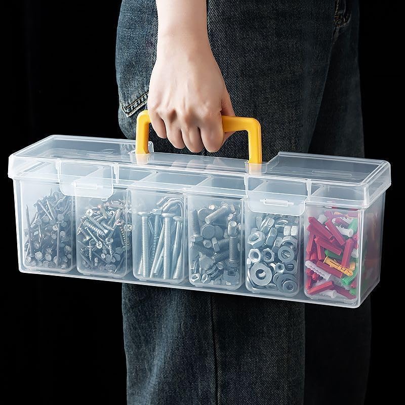 Small Parts Organizer Box with Transparent Lid 2‑Pack, 6-Compartments Movable Organizer Box with for Hardware, Screws, Bolts, Nails, Beads, Jewelry and Fishing Small Accessories, NOT for Large Tools