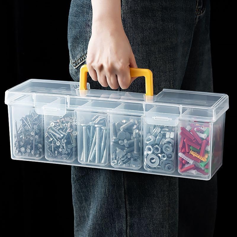 Small Parts Organizer Box with Transparent Lid 2‑Pack, 6-Compartments Movable Organizer Box with for Hardware, Screws, Bolts, Nails, Beads, Jewelry and Fishing Small Accessories, NOT for Large Tools