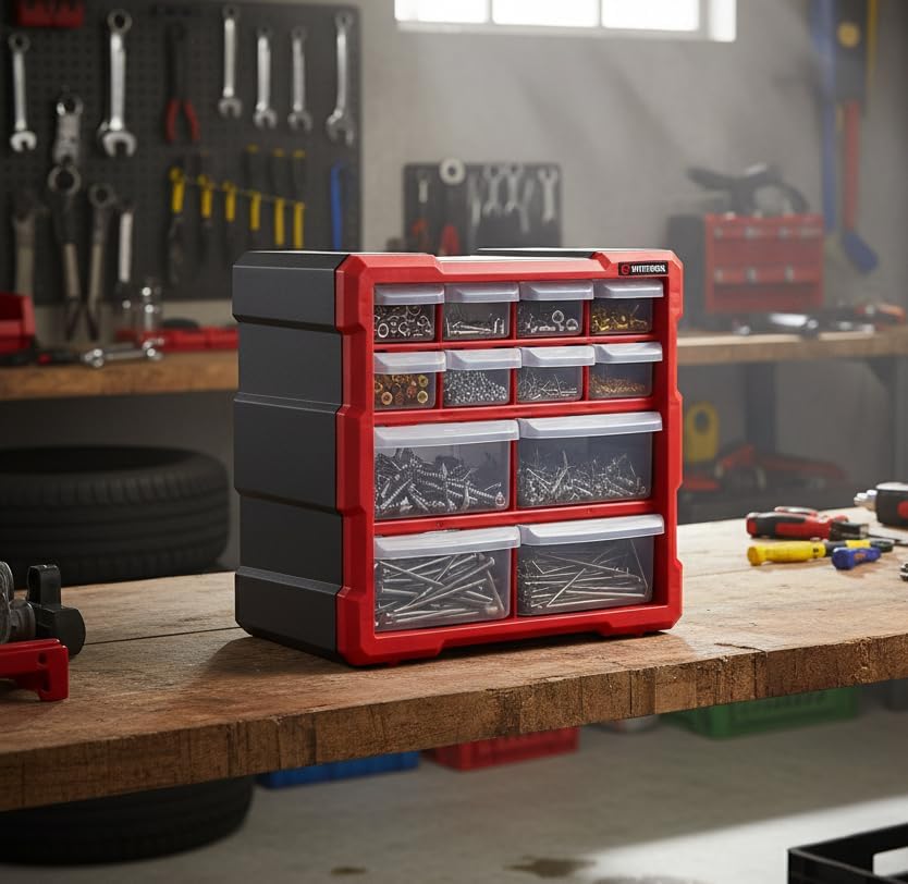 INTERTOOL Small Parts Organizer - 12 Removeable Bin Drawers - Tool Box for Storing Hardware and Garage Organization - For Screws, Bolts, Legos, Arts and Crafts - 10” x 10” x 6” - BX08-4024