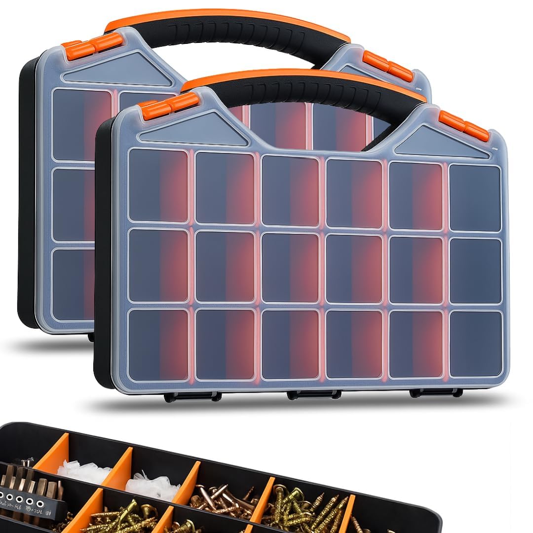 Andalus Tools Organizer Box, Small Parts Storage 18-Compartment Portable Hardware Organizer Removable Plastic Dividers for Screws, Nuts, Bolts, Nails – Orange (1 Pack, 12.75" x 10" x 1.75")