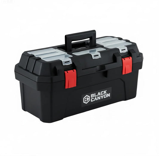 Black Canyon Tool Box - 19 Inch Plastic Dual-Layer Design, 44 lbs Load Capacity Portable Tool Box, Ergonomic Handle, Stackable & Top-Lid Storage, Perfect for DIY, Workshop & Job Site Organization