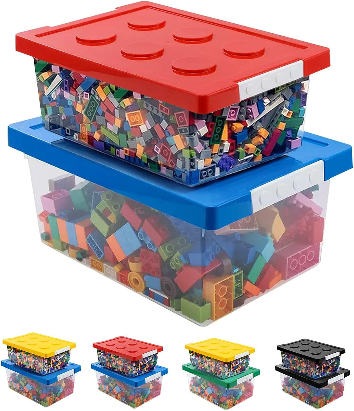 Plastic Storage Bins with Lids - Stackable Toy Storage Organizer Box Set of 2, Toy Chests with Compatible Building Baseplate and Lid, Storage Container for Building Bricks - Red+Blue