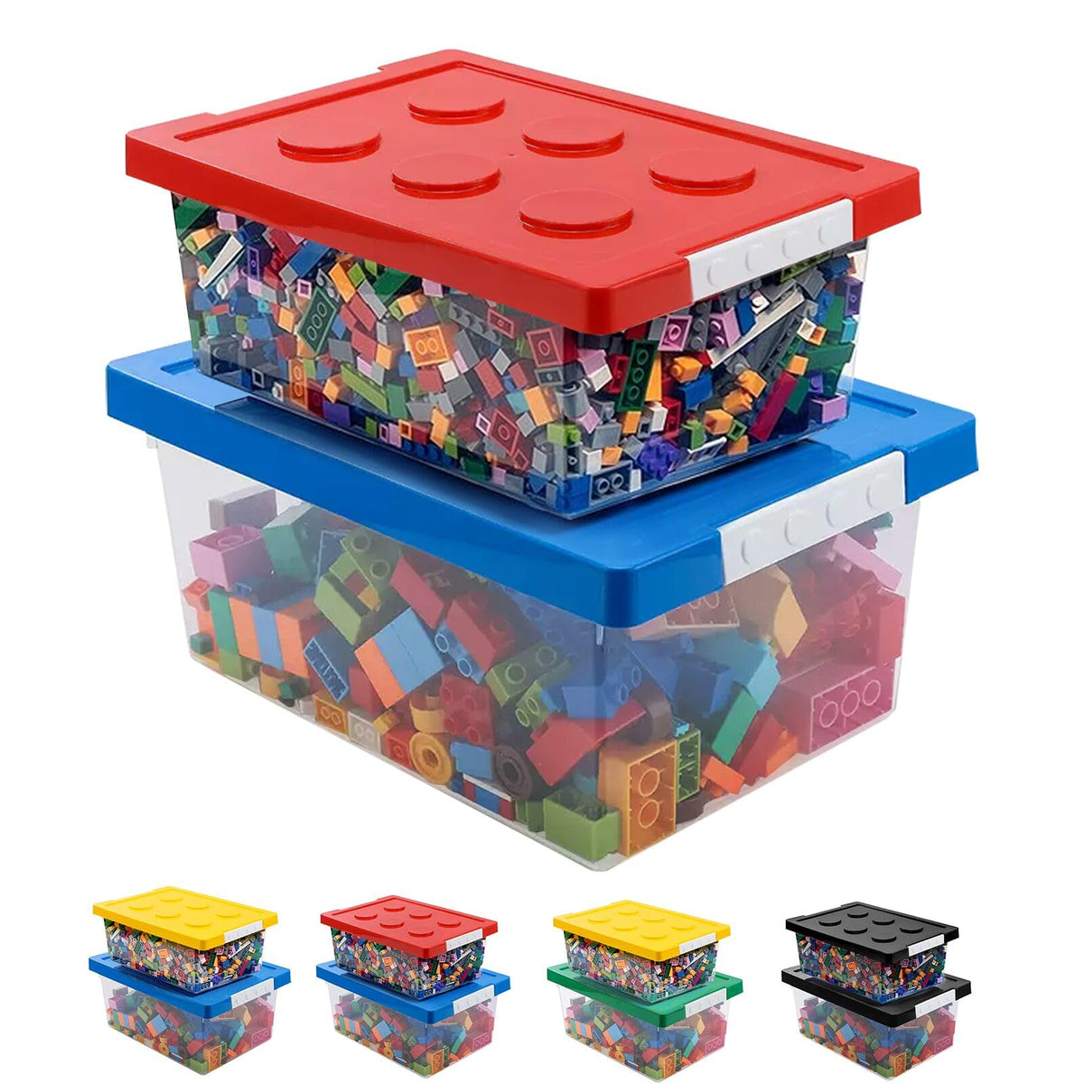 Plastic Storage Bins with Lids - Stackable Toy Storage Organizer Box Set of 2, Toy Chests with Compatible Building Baseplate and Lid, Storage Container for Building Bricks - Red+Blue