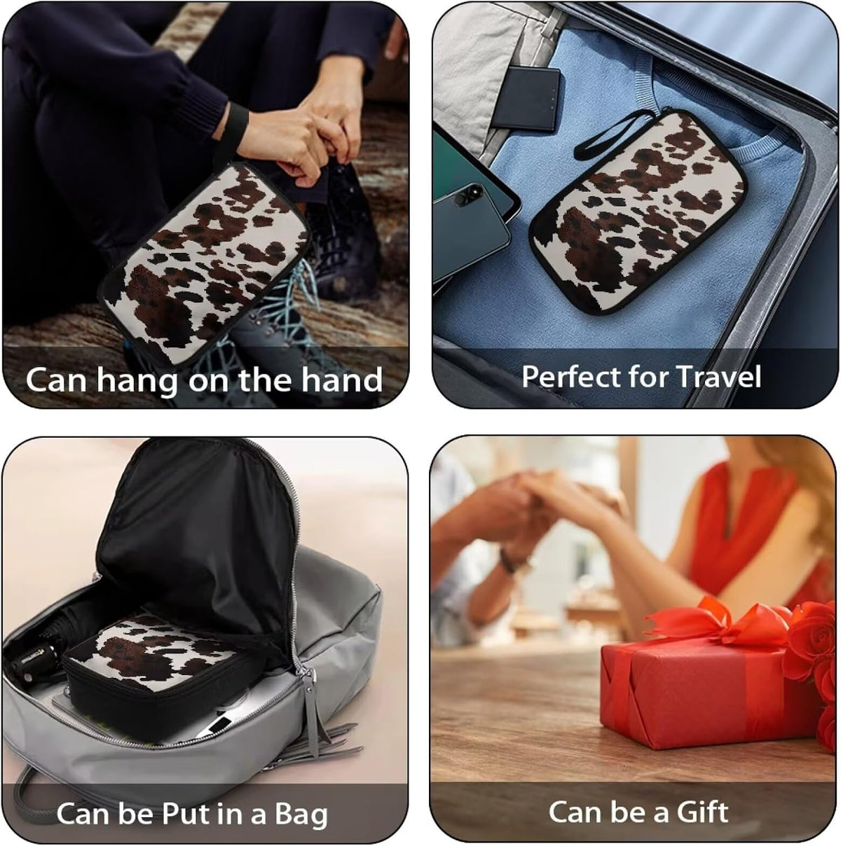 Cow Print Electronic Organizer Travel Cable Organizer Storage Bags for Data Cables, USB C Charger, SD Card, Hard Drive, Charging Cord, Mouse, Power Bank