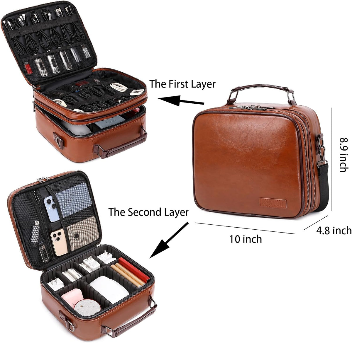 KYALOU Electronics Travel Organizer, Large Electronic Accessories Cable Case with Adjustable Dividers, Waterproof Tech Storage Bag Gifts with Double Layers for Cord, Charger, Power Bank - Brown