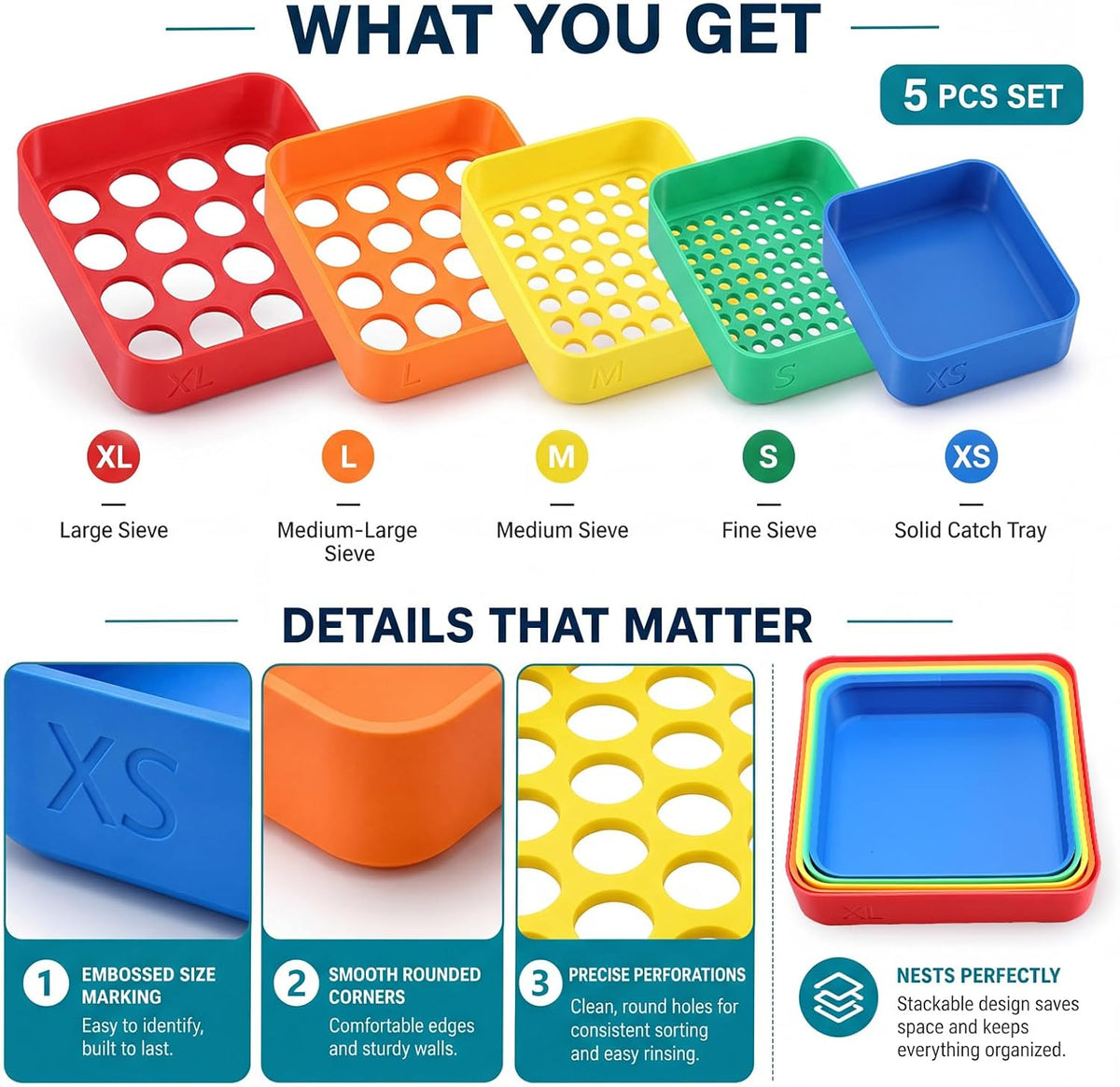 Rtteri 5 Pack Stackable Sorting Trays with 5 Sizes Holes, Classic, Rainbow