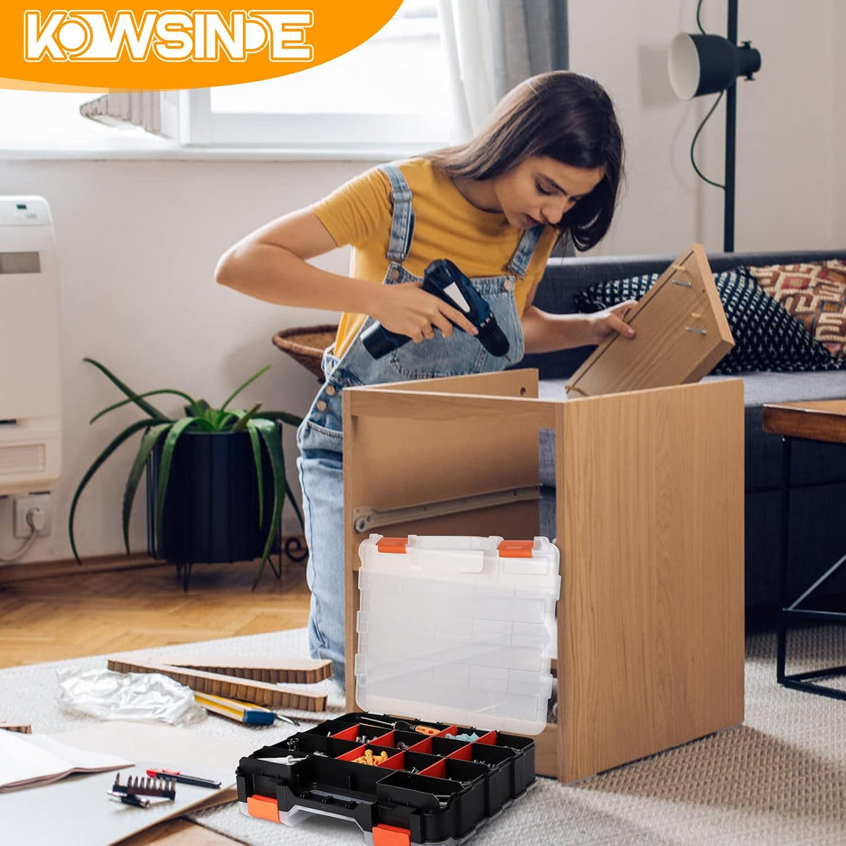 Kowsinde Double Side Tool Organizer, Hardware Storage Box, 34-Compartments Small Parts Organizer with Removable Dividers for Screws, Nuts, Nails, Bolts