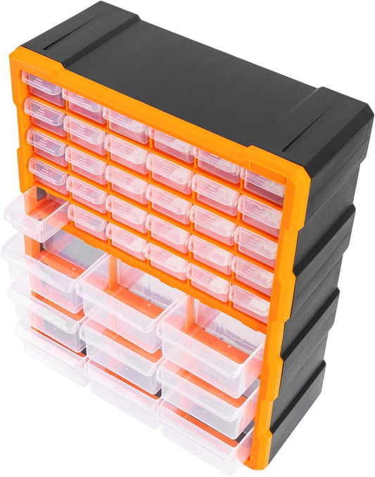 Amazon Basics Wall Mount Hardware and Craft Storage Cabinet Organizer with 39 Drawers, Plastic Garage Organization System with Dividers for Small Parts, Black, Orange, 15" x 6.3" x 18.6"