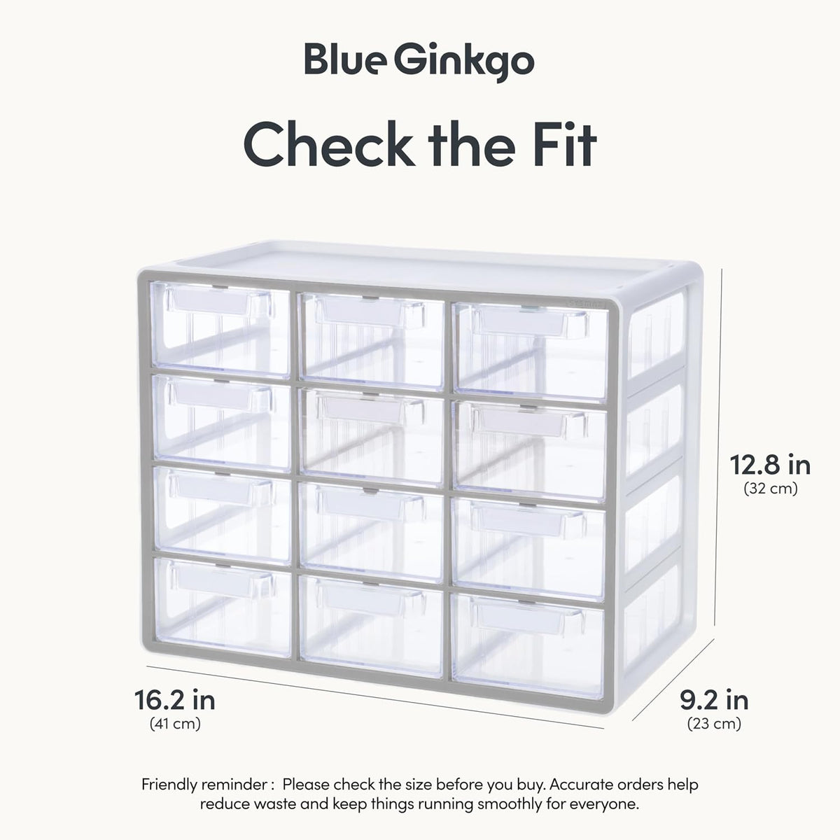 Blue Ginkgo 12-Drawer Storage Cabinet Organizer, Grey, Made in Korea
