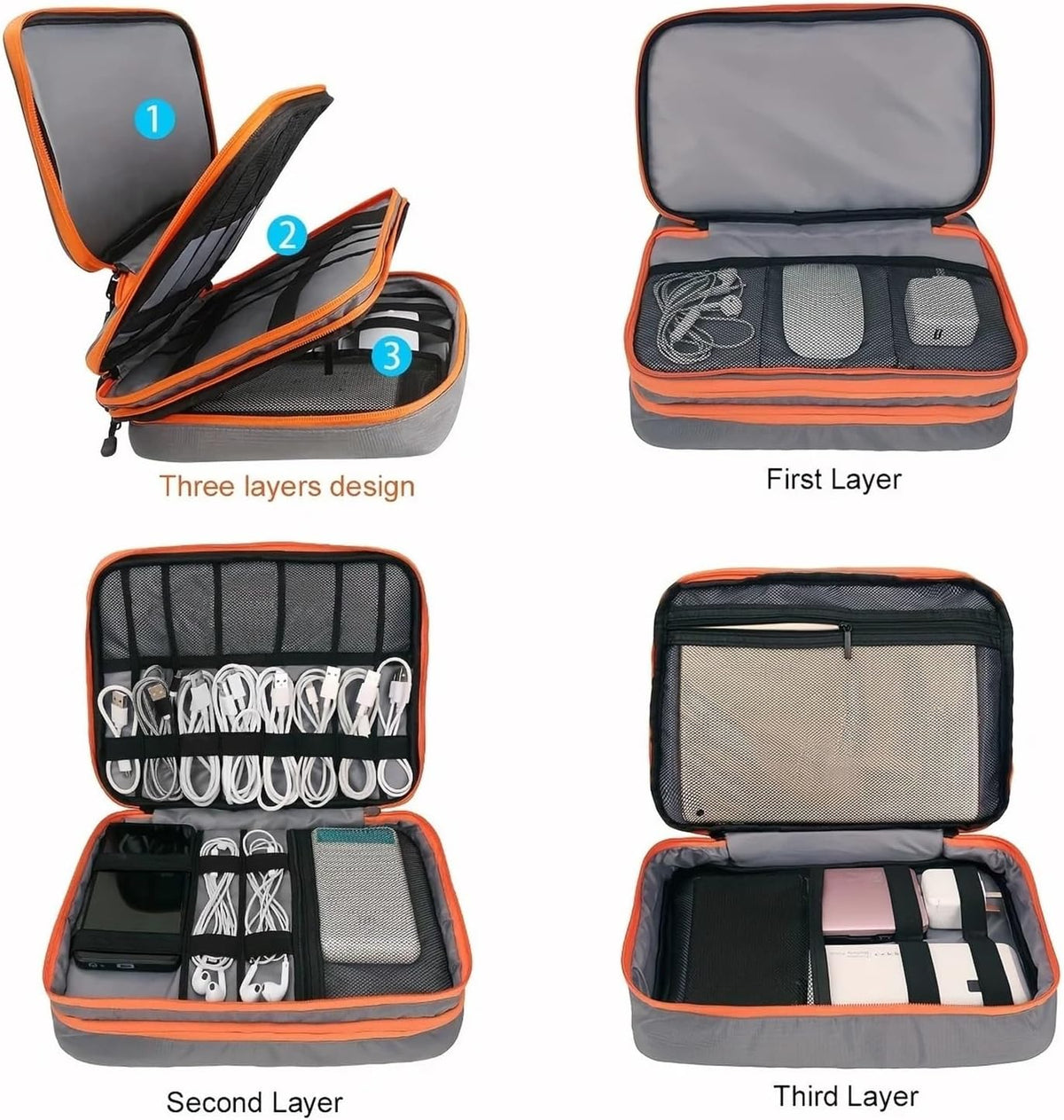 Portabl Data Line Charger Storage Bag，Compatible for Travel Multi Layer Cable Organizer Digital Electronic(Grey)