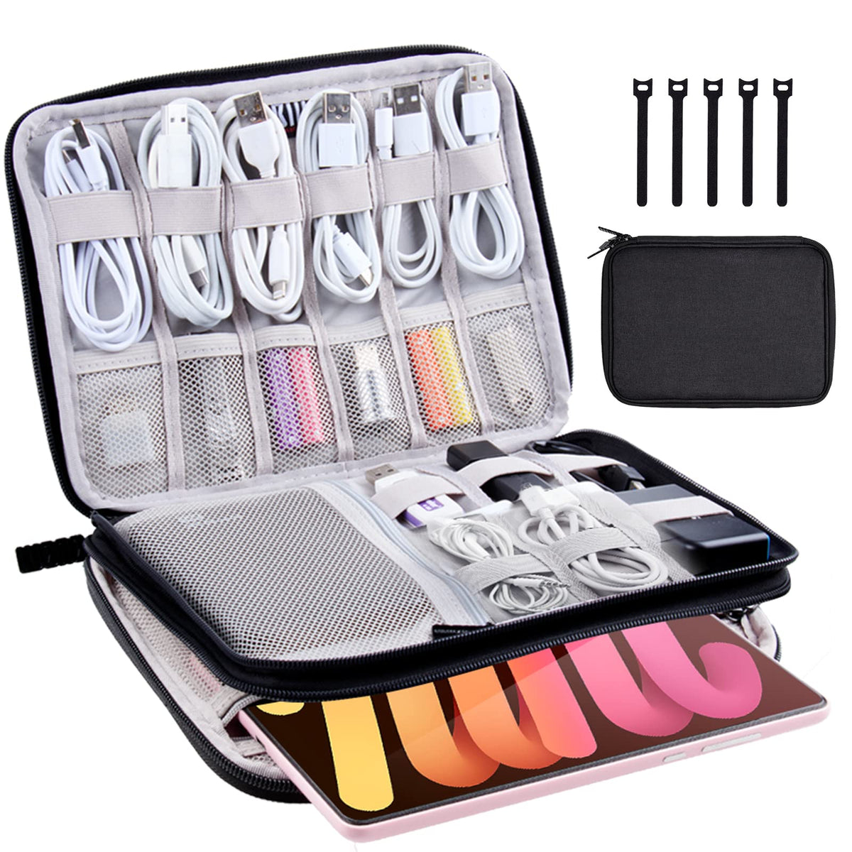 Electronics Organizer Travel Case Cord Cable Charger Organizer Bag Travel Accessories Essentials for Women Men Double Layers Tech Pouch with 5 Cable Ties for Phone Power Bank SD Card USB, Black