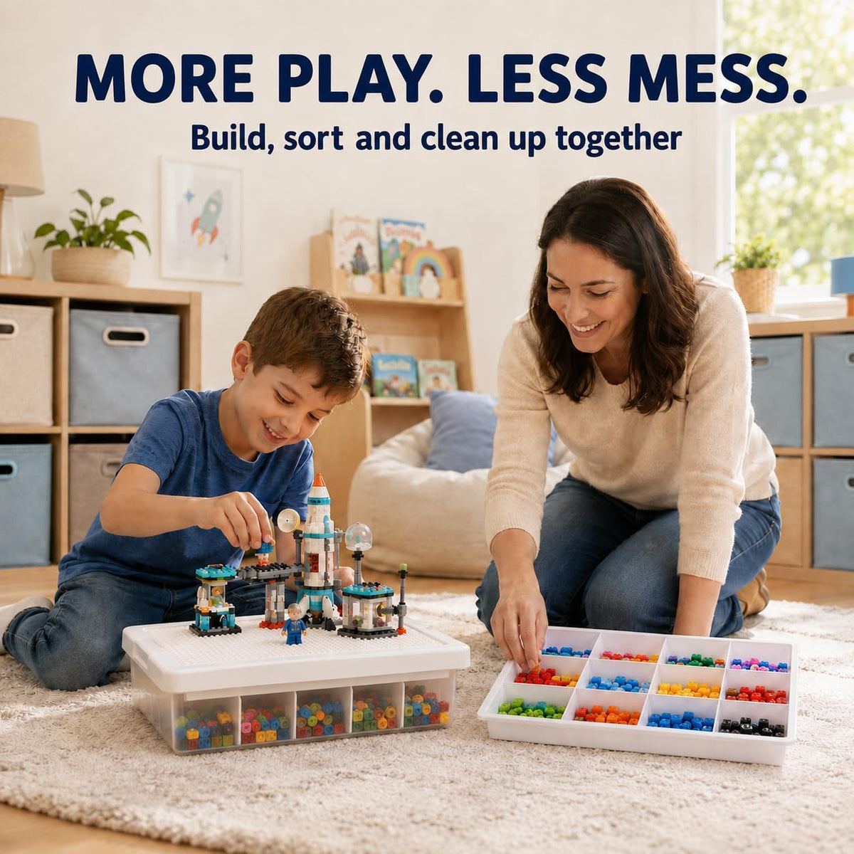 Toy Storage Organizer Box for Lego Bricks with Compatible Building Plate Lid, 3-Layer Removable Sorting Trays, Stackable Plastic Storage Bin, Building Block Organization (1pc-white)