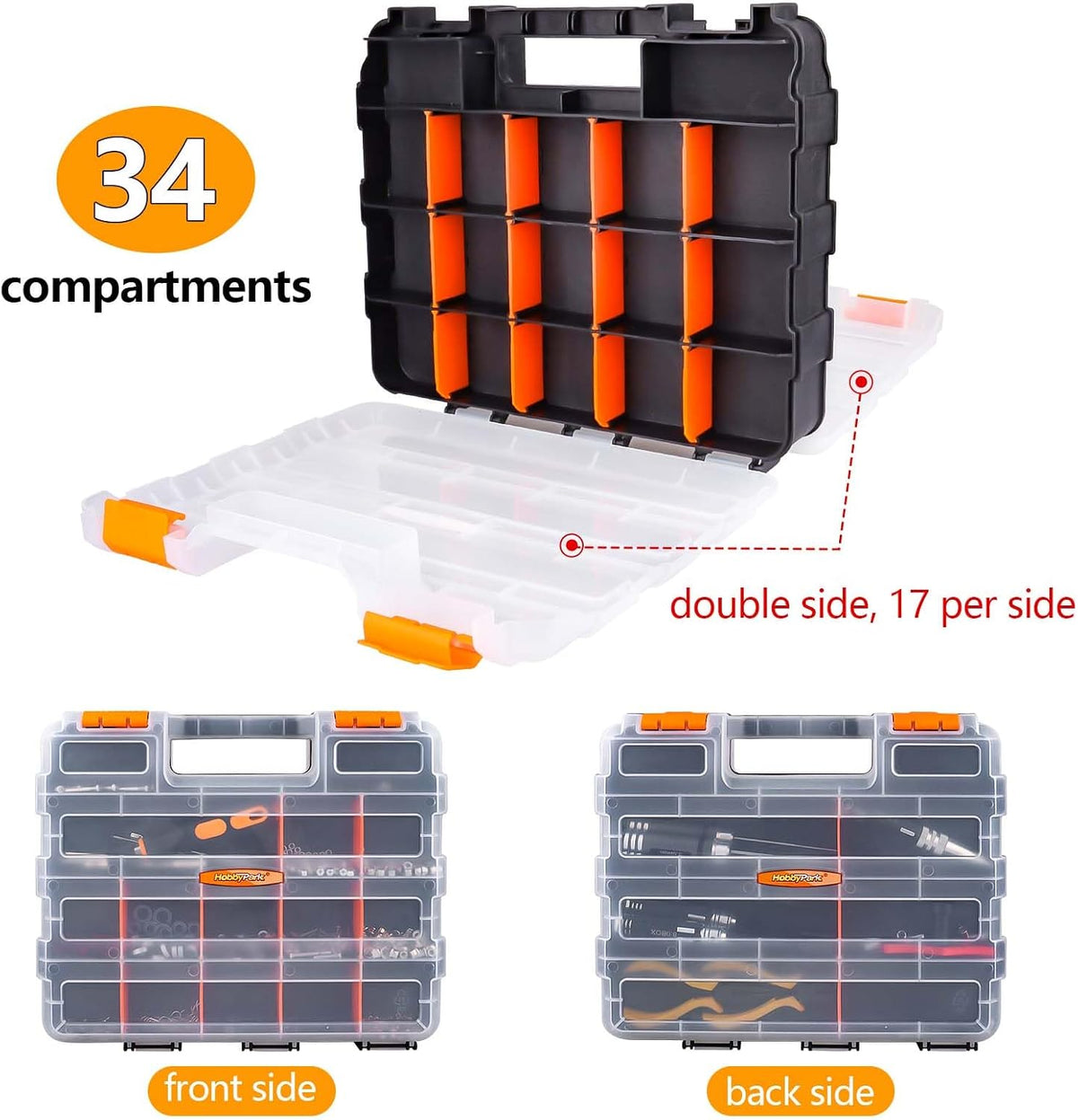 HobbyPark RC Hardware Organizer Box Adjustable Compartments Removable Dividers Durable Plastic Double Side Tools Box Screw Organizer For Nuts, Bolts, Screws, Nails, Small Parts, Tools
