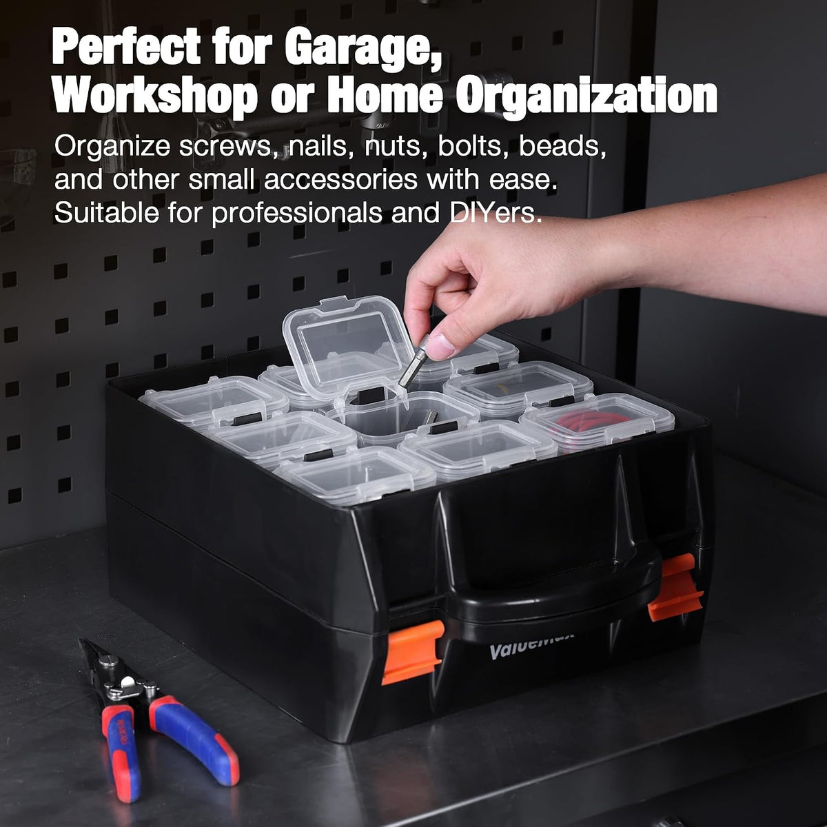 ValueMax Small Parts Organizer Box, Double-Sided Tool Box with 18 Removable Bins, Portable Screw & Parts Storage Case for Nuts, Bolts, and Hardware