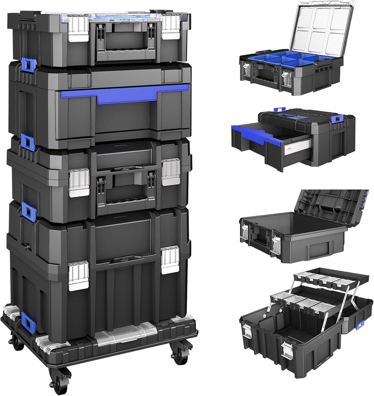 AIRAJ 5 Tier Stackable Tool Box with Wheels, Rolling Tool Box Organizer