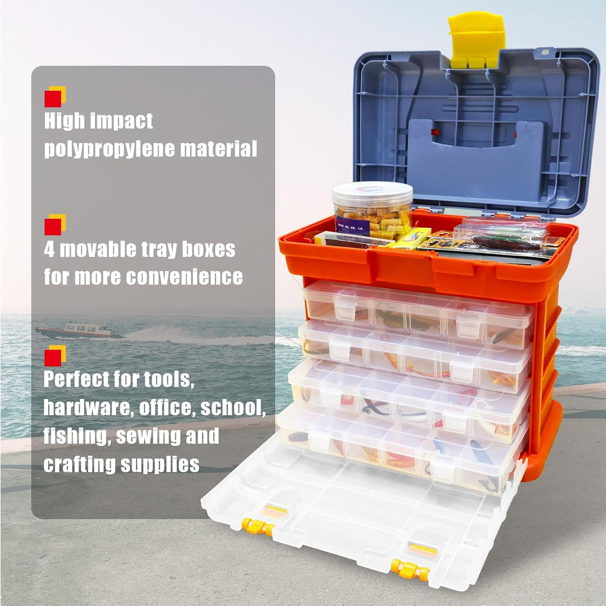BIG RED AG2154CR Tackle Box Organizer: Portable Storage Tool Box with 4 Drawers and 19 Compartments Each for Hardware, Fish Tackle, Beads and more, Red