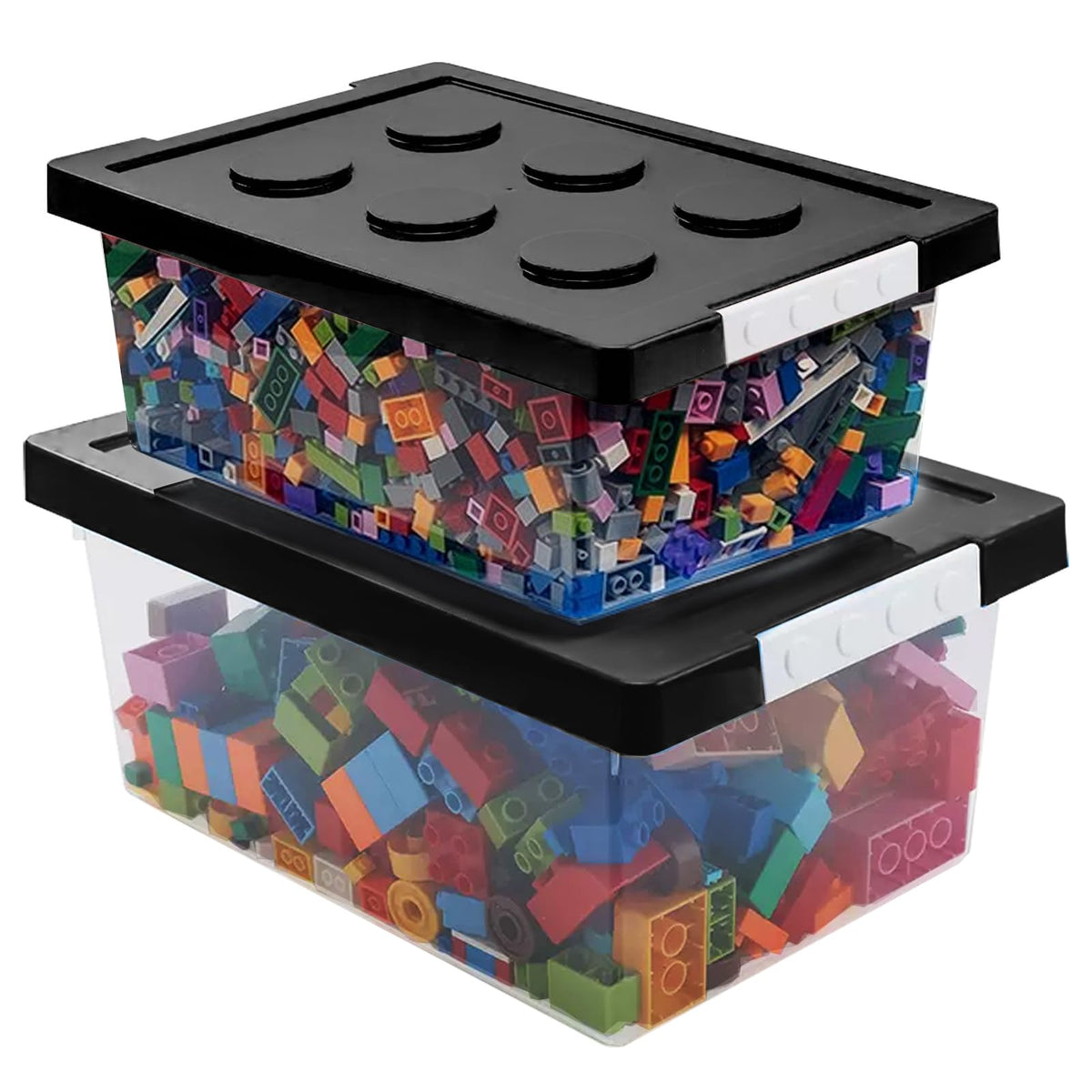 Plastic Storage Bins with Lids - Stackable Toy Storage Organizer Box Set of 2, Toy Chests with Compatible Building Baseplate and Lid, Storage Container for Building Bricks - Red+Blue