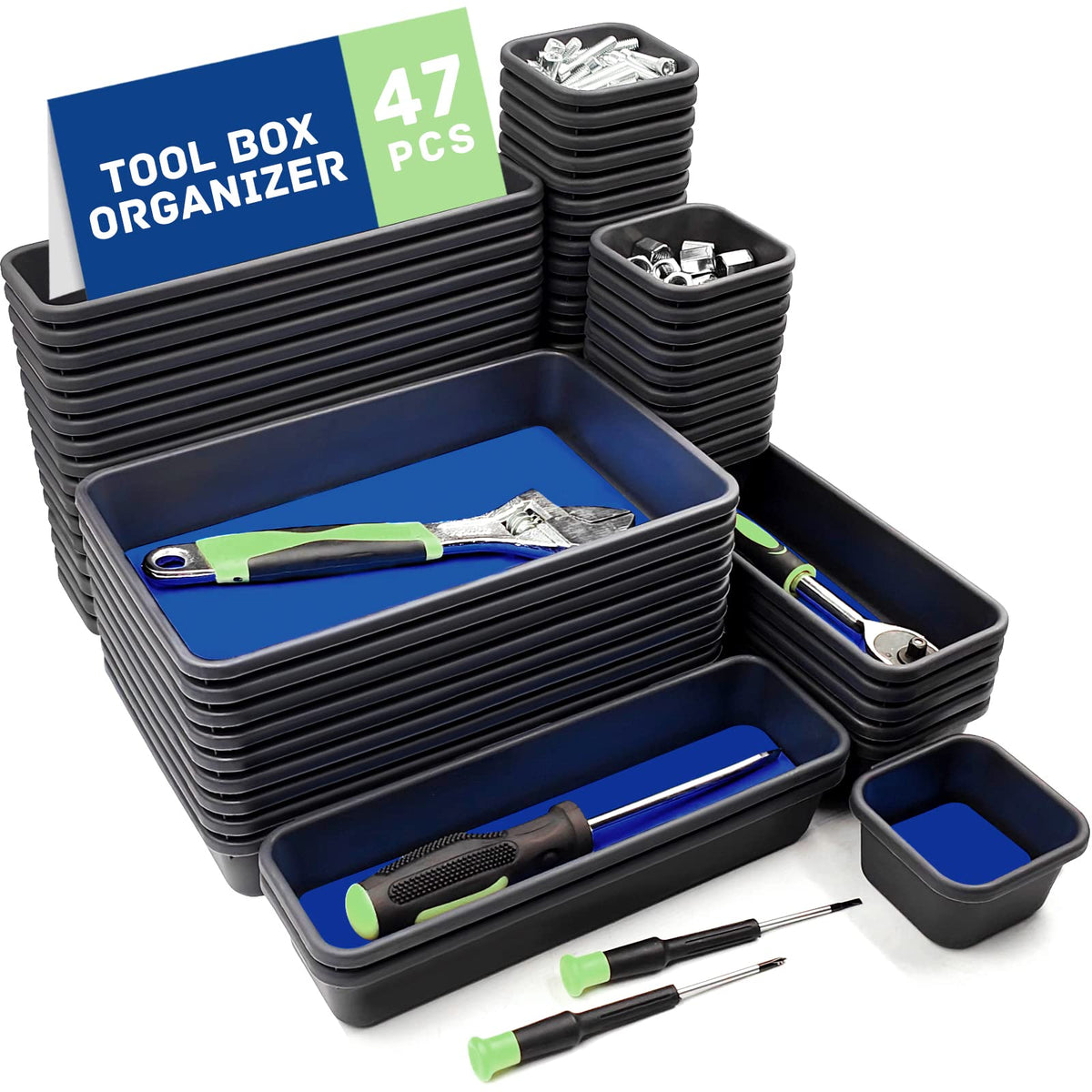 47pcs Tool Box Organizer, Tool Drawer Organizer Trays with Non-slip EVA Pads – Interlocking Divider Set, Fit Garage Storage Desk Drawers & Rooling Tool Cart (Blue & Green 47PCS)
