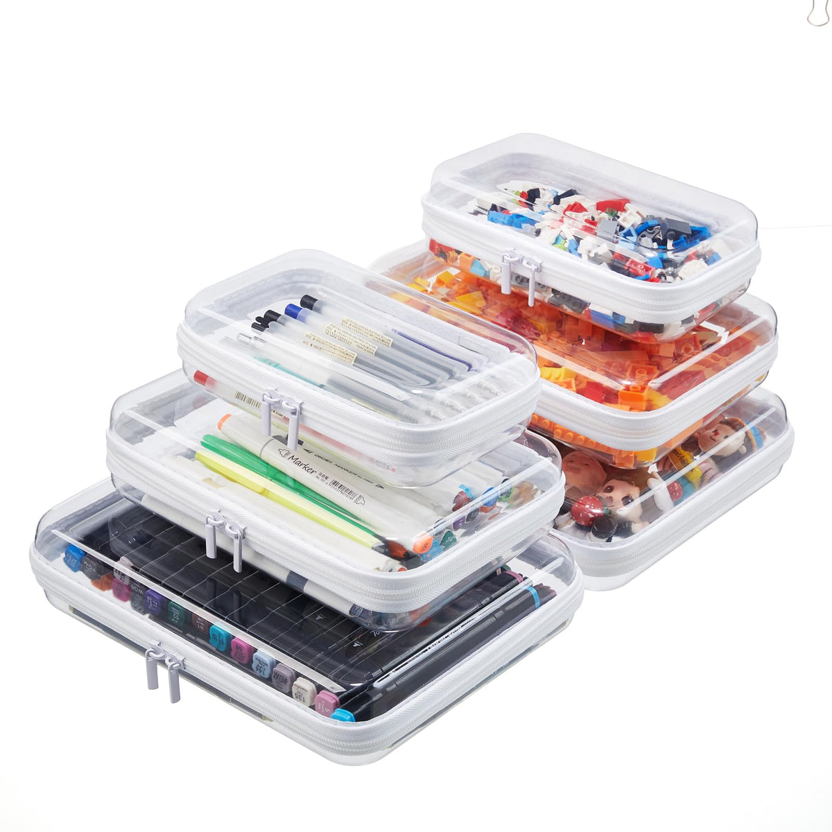 4PCS Large Clear Hard Shell Zipper Case, Makeup Organizer & Toy Storage Bag for Lego Bricks, Diaper Pouches, Cosmetic Bags, Transparent Pencil box, Puzzle Board Game, Portable Travel Toiletries