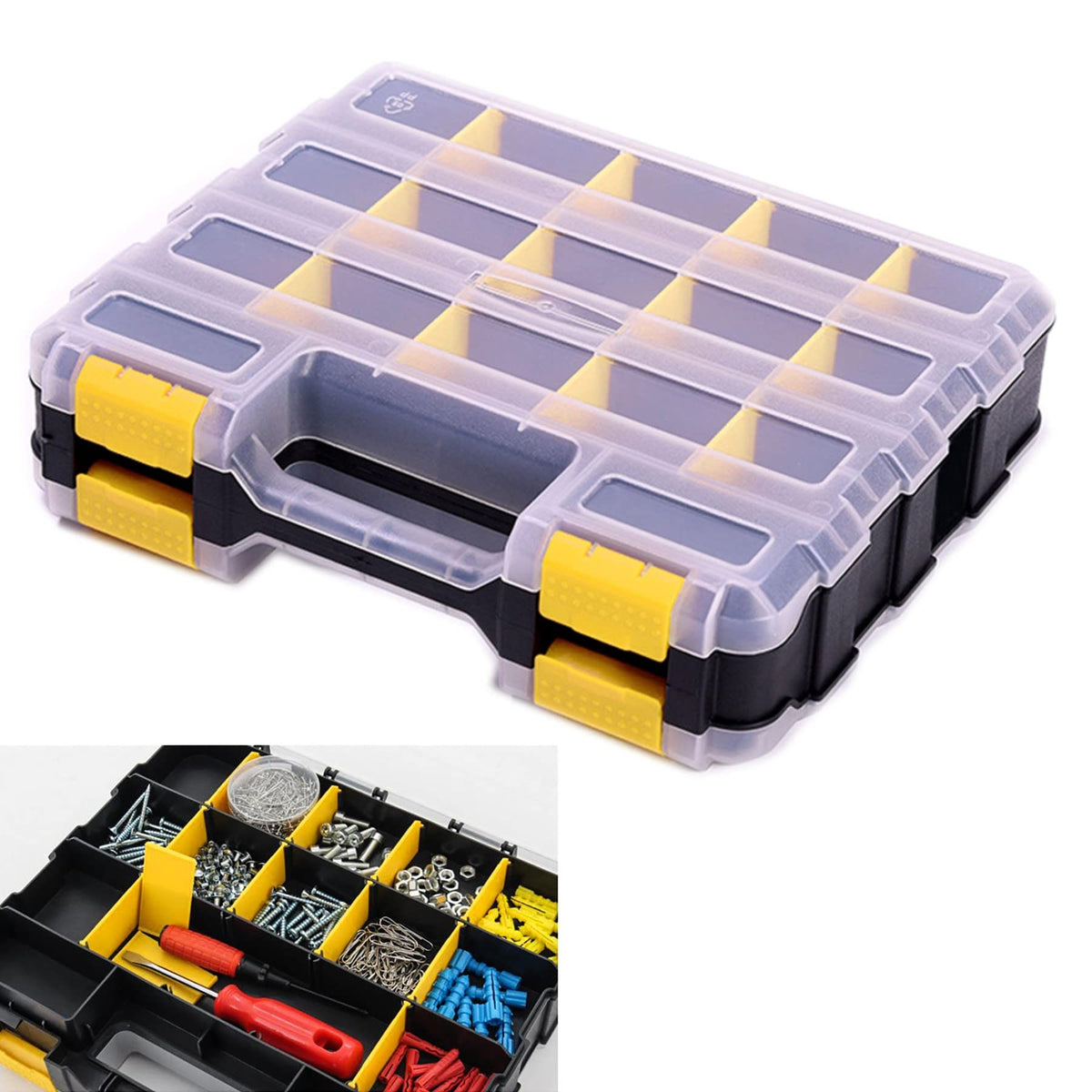 Small Parts Storage Case Tools Box Organizer Double Side 34 Compartments Hardware Organizers with Removable Plastic Dividers for Screws Nuts Nails Bolts