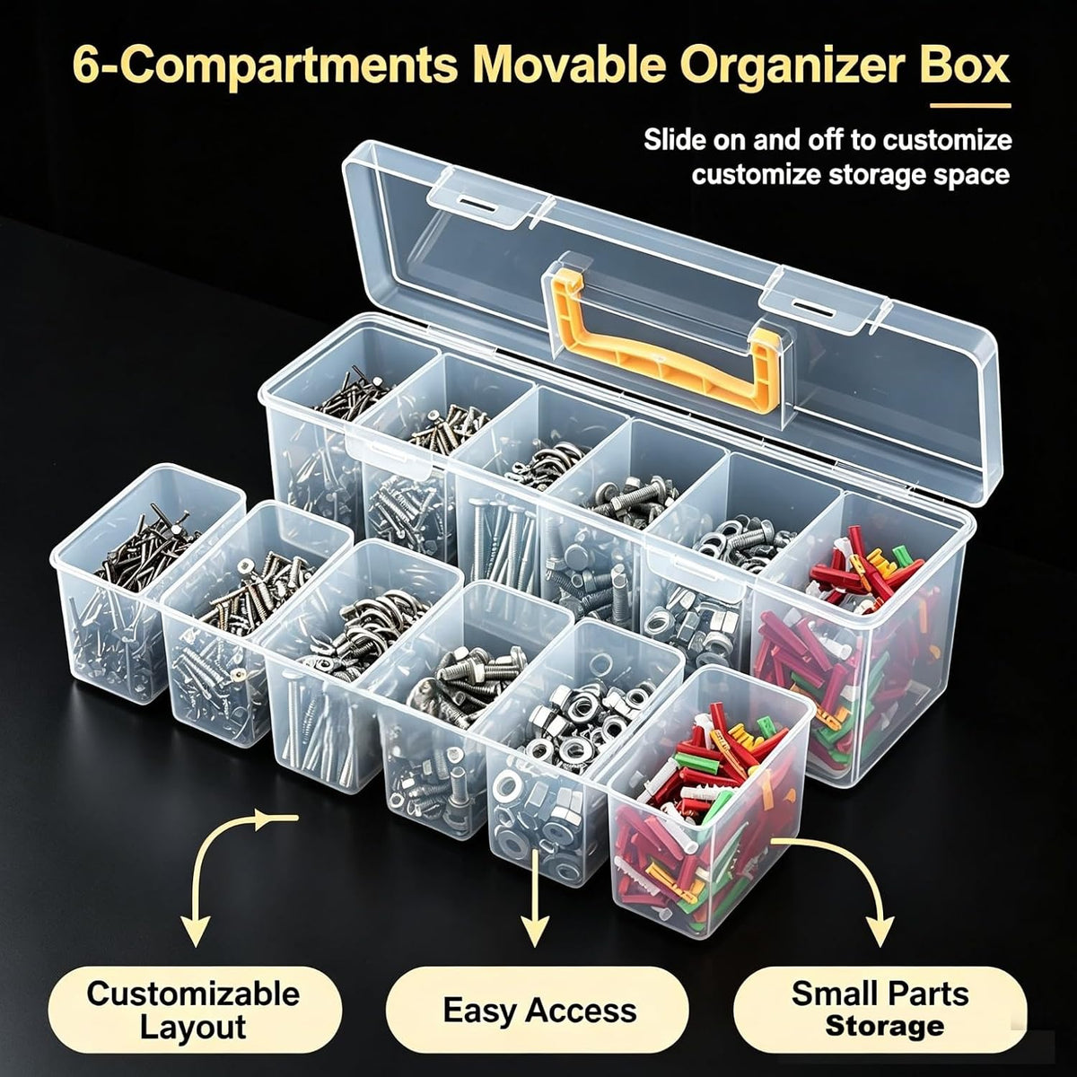 Small Parts Organizer Box with Transparent Lid 2‑Pack, 6-Compartments Movable Organizer Box with for Hardware, Screws, Bolts, Nails, Beads, Jewelry and Fishing Small Accessories, NOT for Large Tools