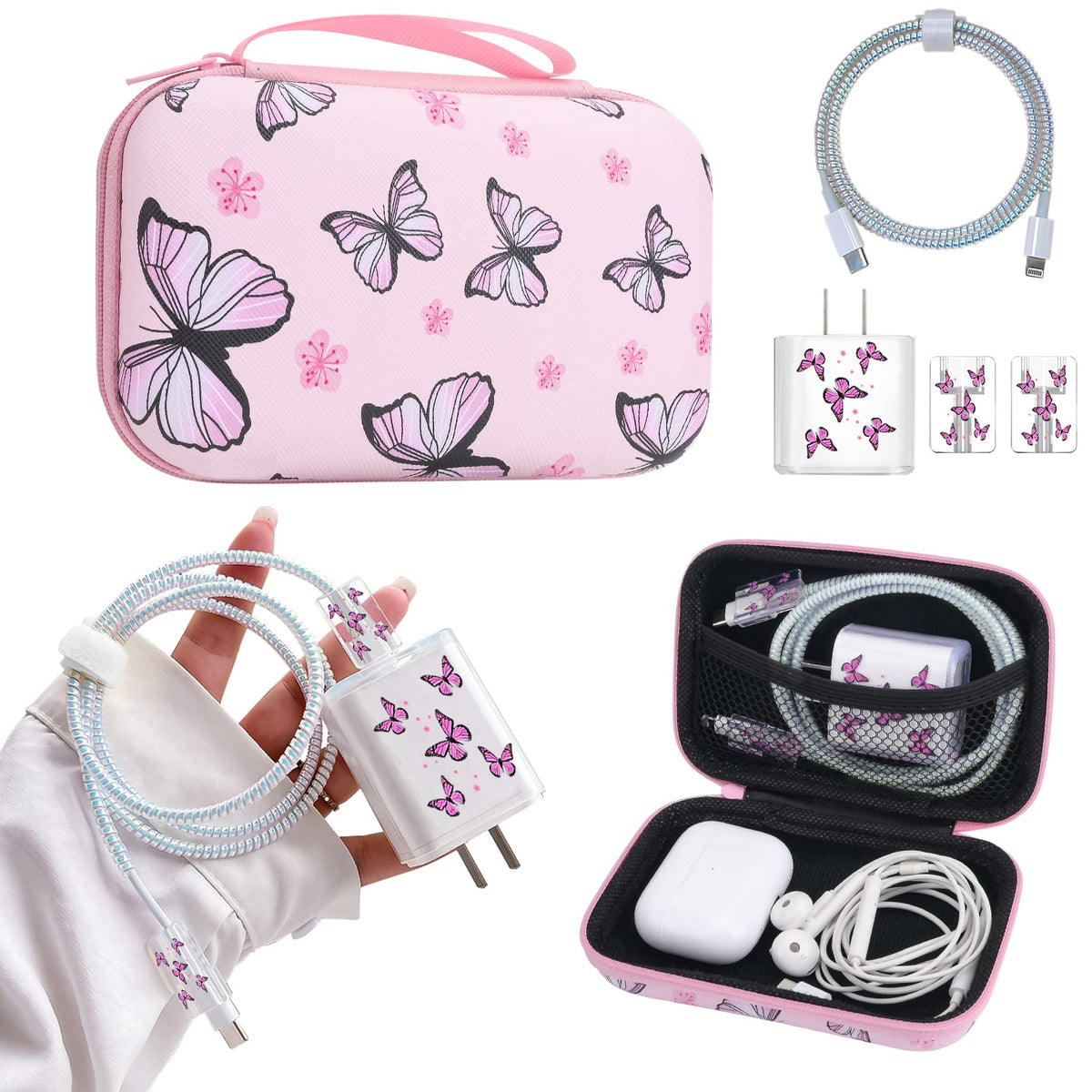 Cute Phone Charger Protector Set with Storage bag Case Yellow Sunflowers Travel Carrying Bag Data Cable 20W USB Charger Data Line Cable Protector Cord Organizer, Lightning Cable Chomper,Charger Saver