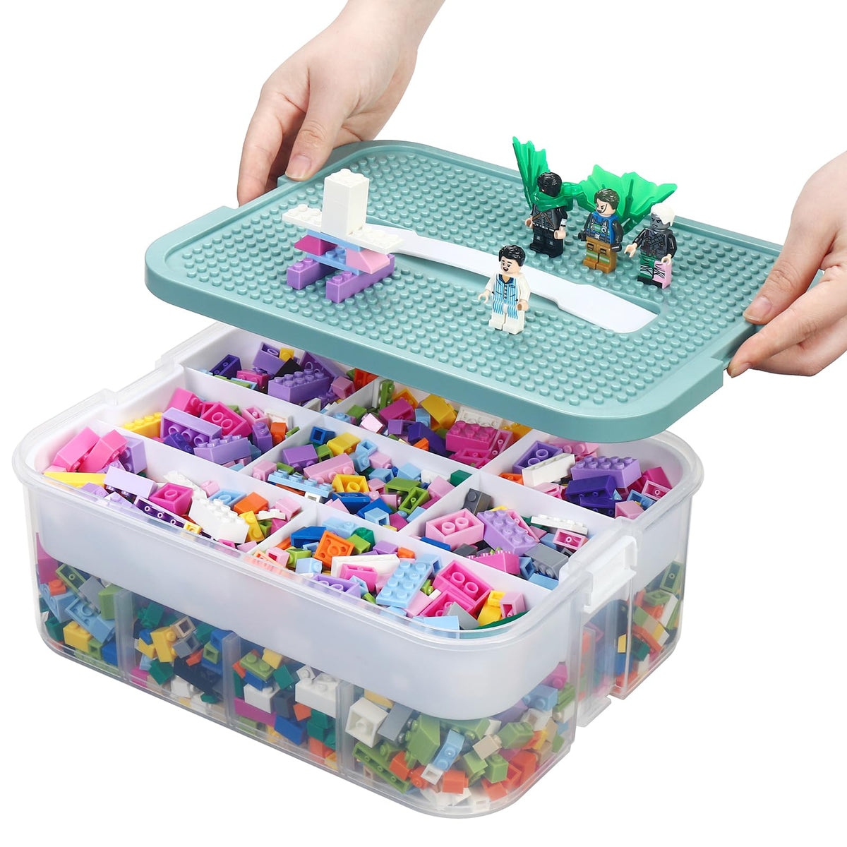 Douorgan Toy Storage Organizer for Lego Stackable Organizer Bins with Compartments Portable Containers with Lids Building Blocks Miniature Organizer Storage Box Toy Chest Case (1 Layer)