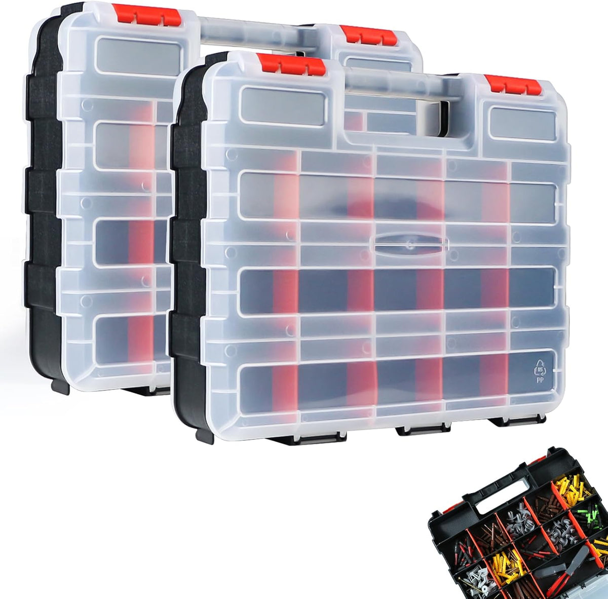 AMM Tool Box, Double Side Tool Box Organizer with 34 Compartments, Removable Dividers, Tackle Box Small Parts Screw Hardware Organizer for Screws, Nuts, Nails and Bolts (2 Piece, Red)