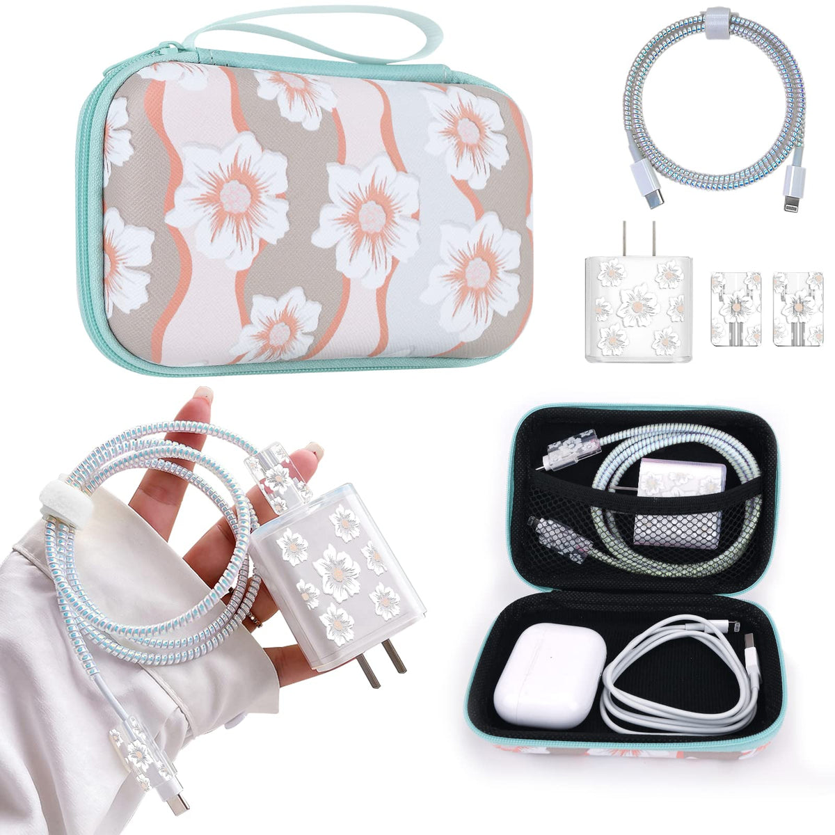 Cute Phone Charger Protector Set with Storage bag Case Yellow Sunflowers Travel Carrying Bag Data Cable 20W USB Charger Data Line Cable Protector Cord Organizer, Lightning Cable Chomper,Charger Saver