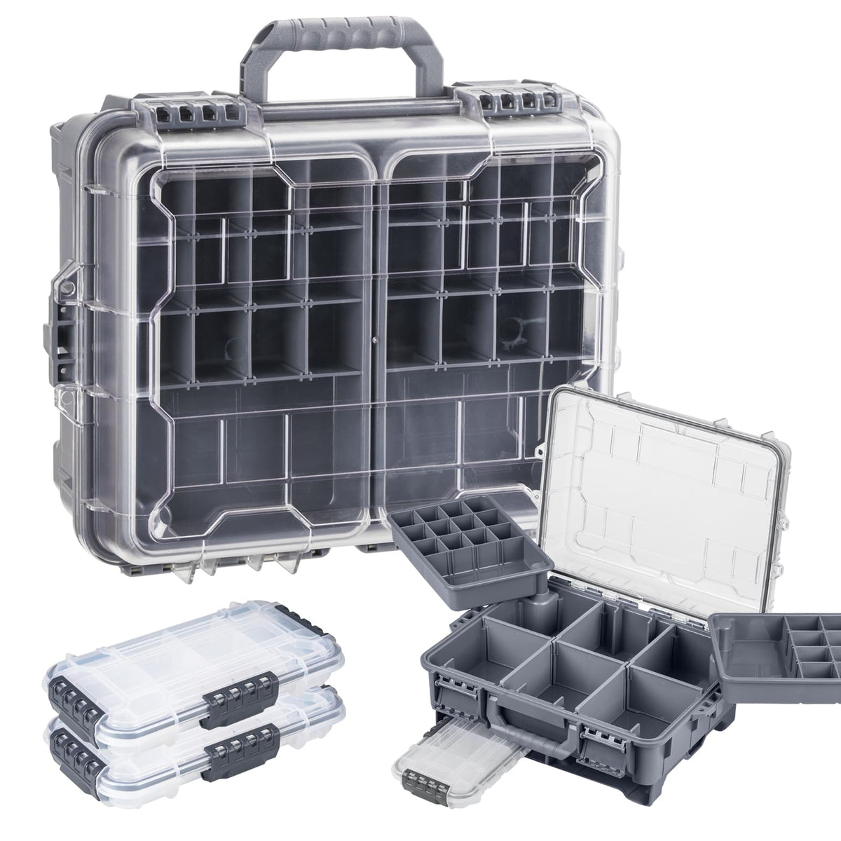 THKFISH Waterproof Tackle Box, Portable Fishing & Tackle Storage Box with Two 3500 Stowaway Boxes and Removable Dividers, Tackle Box, Thicker Floating Airtight Stowaway,Pink/Green/Blue/Grey