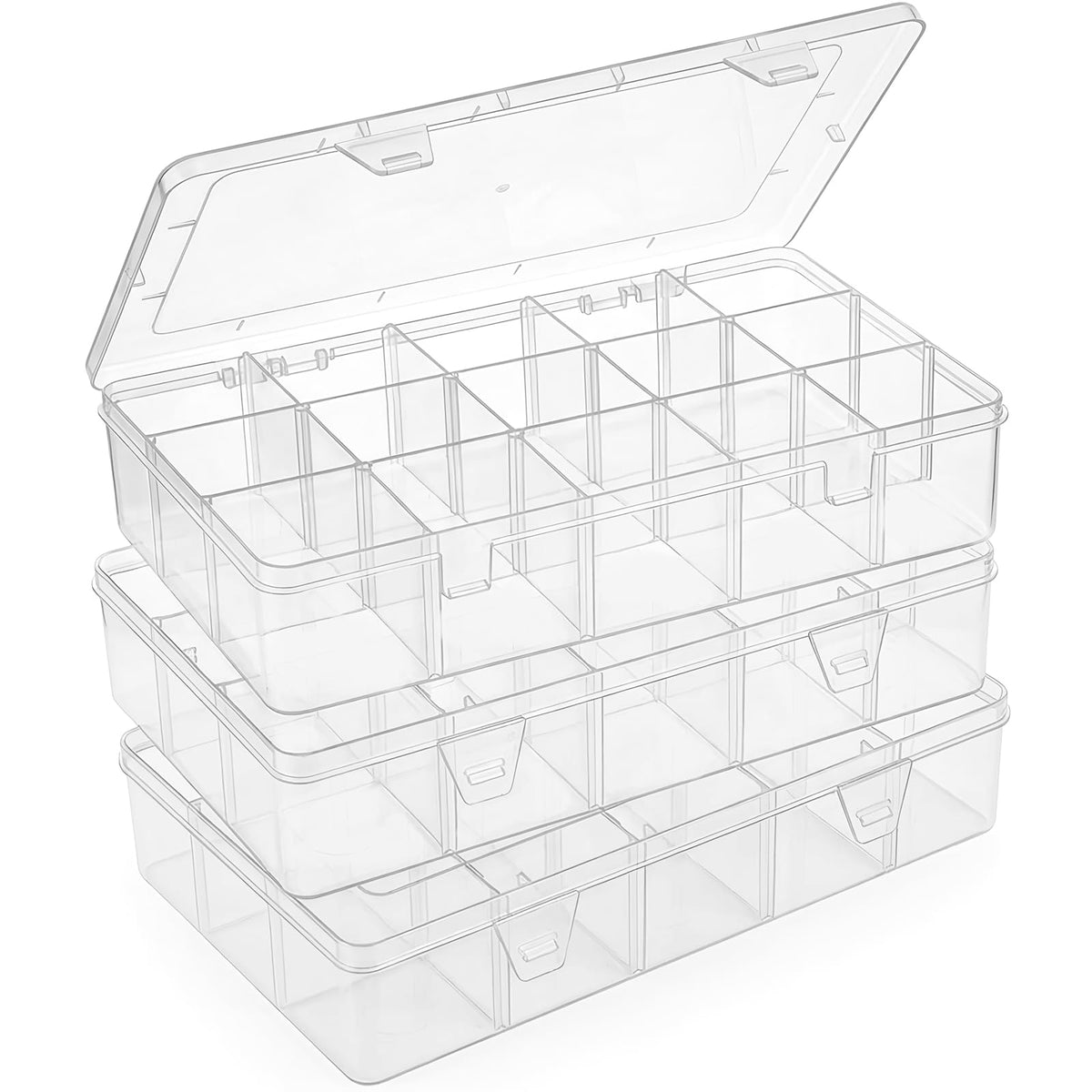 Bead Organizer Storage 3 Pack 15 Grid Clear Plastic Tackle Box Adjustable