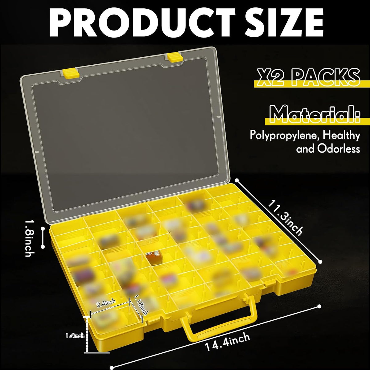 Juexica 2 Pcs 48 Grid Plastic Bead Storage Organizer Box, Yellow
