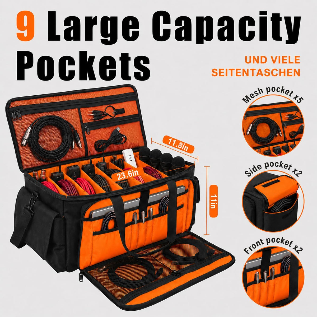 Large DJ Cable Bag Organizer with Laptop Pocket & Adjustable Dividers