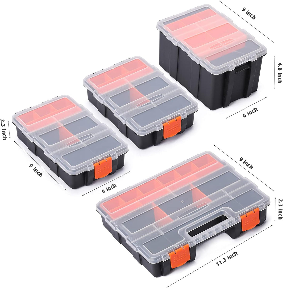 MIXPOWER 4 Piece Set Toolbox Hardware & Parts Organizers, Versatile and Durable Storage, Customizable Removable Plastic Dividers, storage and carry, Black/Orange