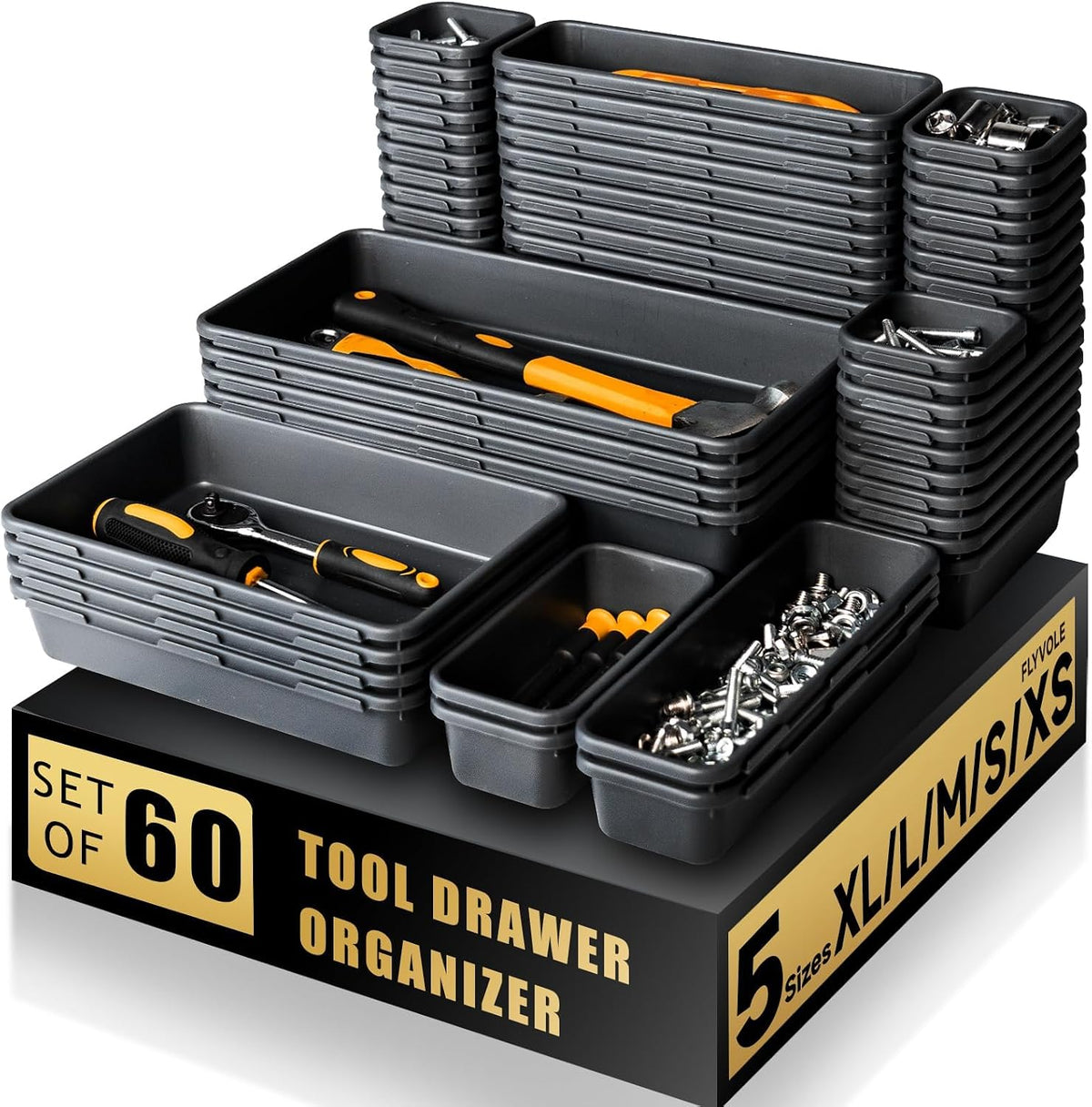 Tool Box Organizer Tray, 60 PCS & 5 Sizes, Black