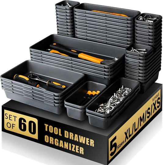 Tool Box Organizer Tray, 60 PCS & 5 Sizes, Black