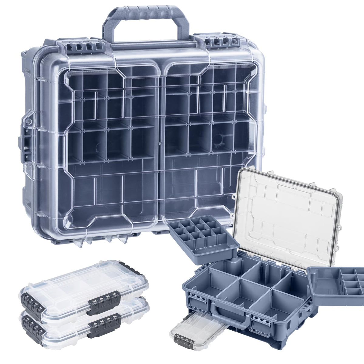 THKFISH Waterproof Tackle Box, Portable Fishing & Tackle Storage Box with Two 3500 Stowaway Boxes and Removable Dividers, Tackle Box, Thicker Floating Airtight Stowaway,Pink/Green/Blue/Grey